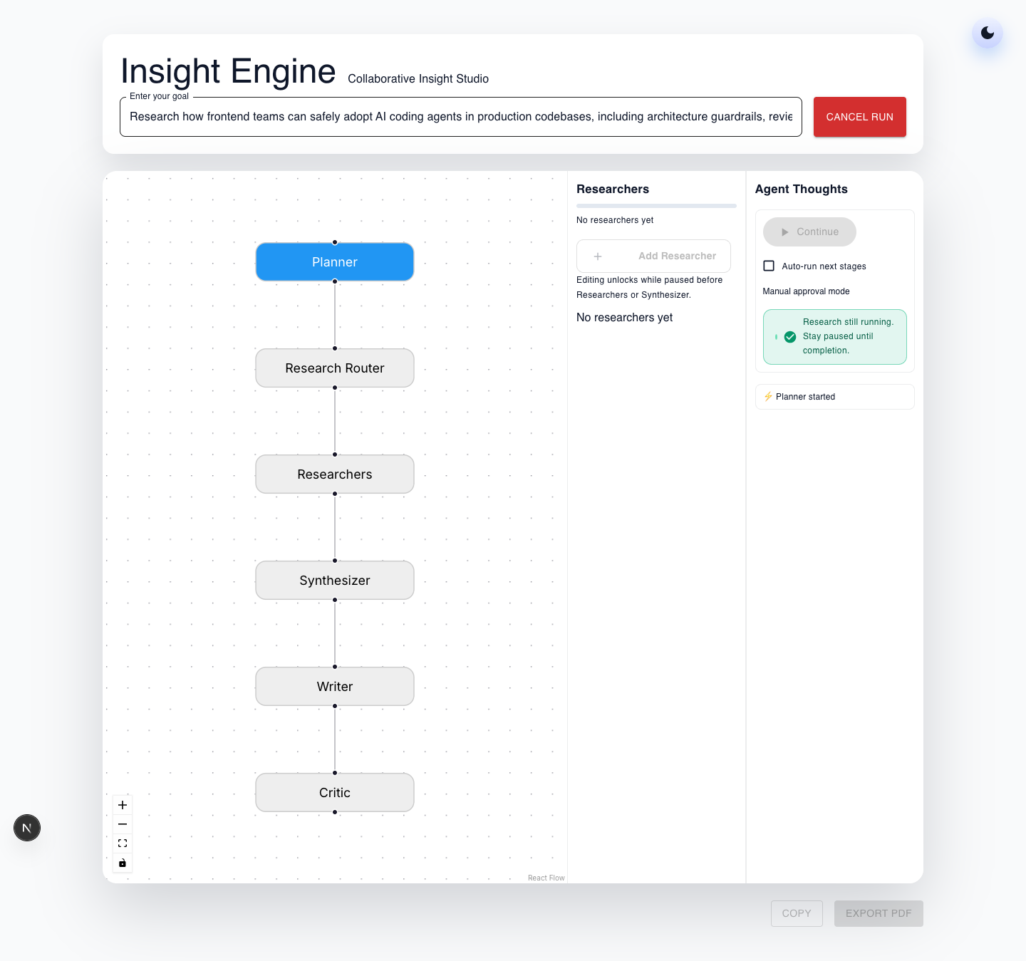 Multi-Agent AI System running a goal in light mode with execution graph and agent thoughts