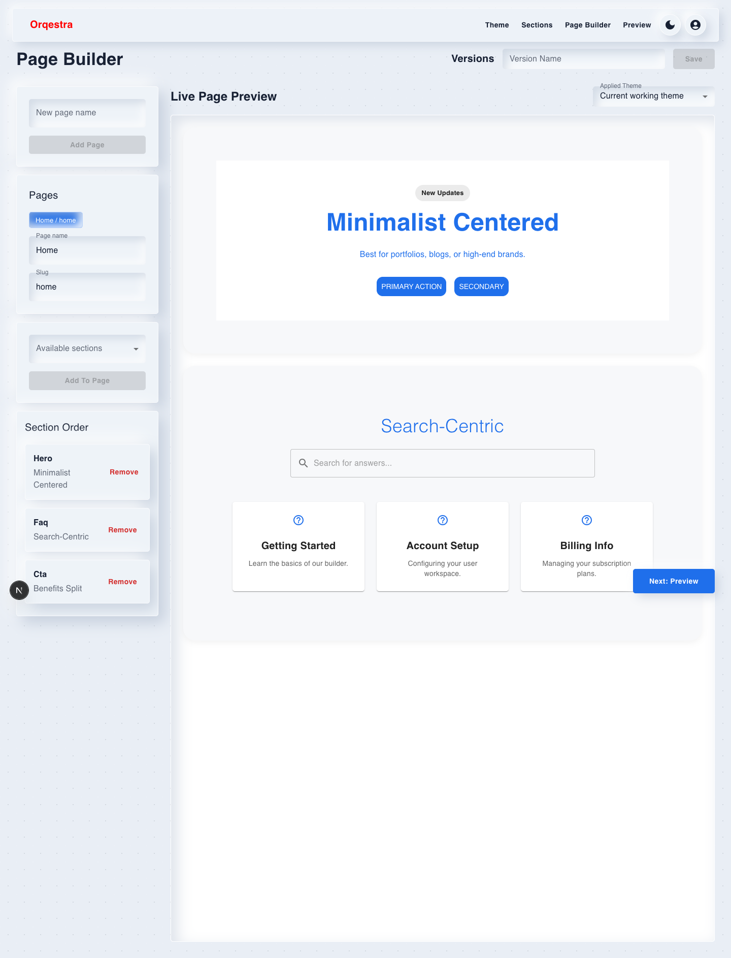 Orqestra Page Builder in light mode showing saved section order and live page preview