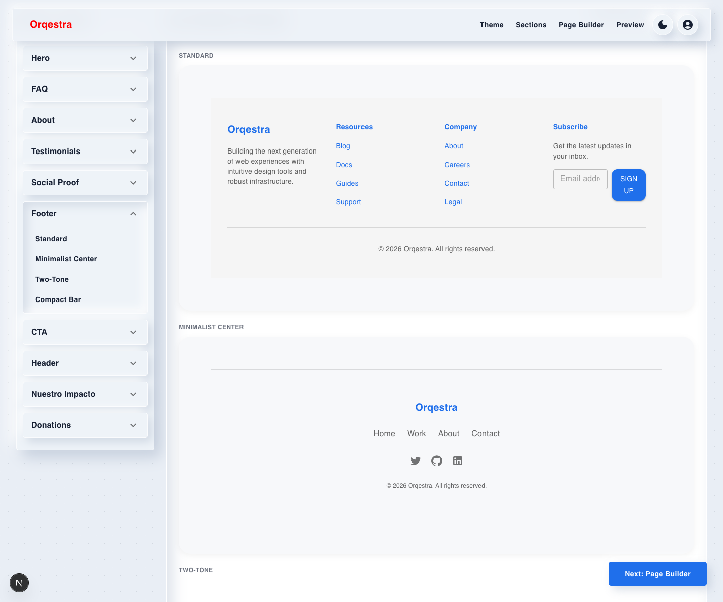 Orqestra Section Builder Footer accordion open in light mode