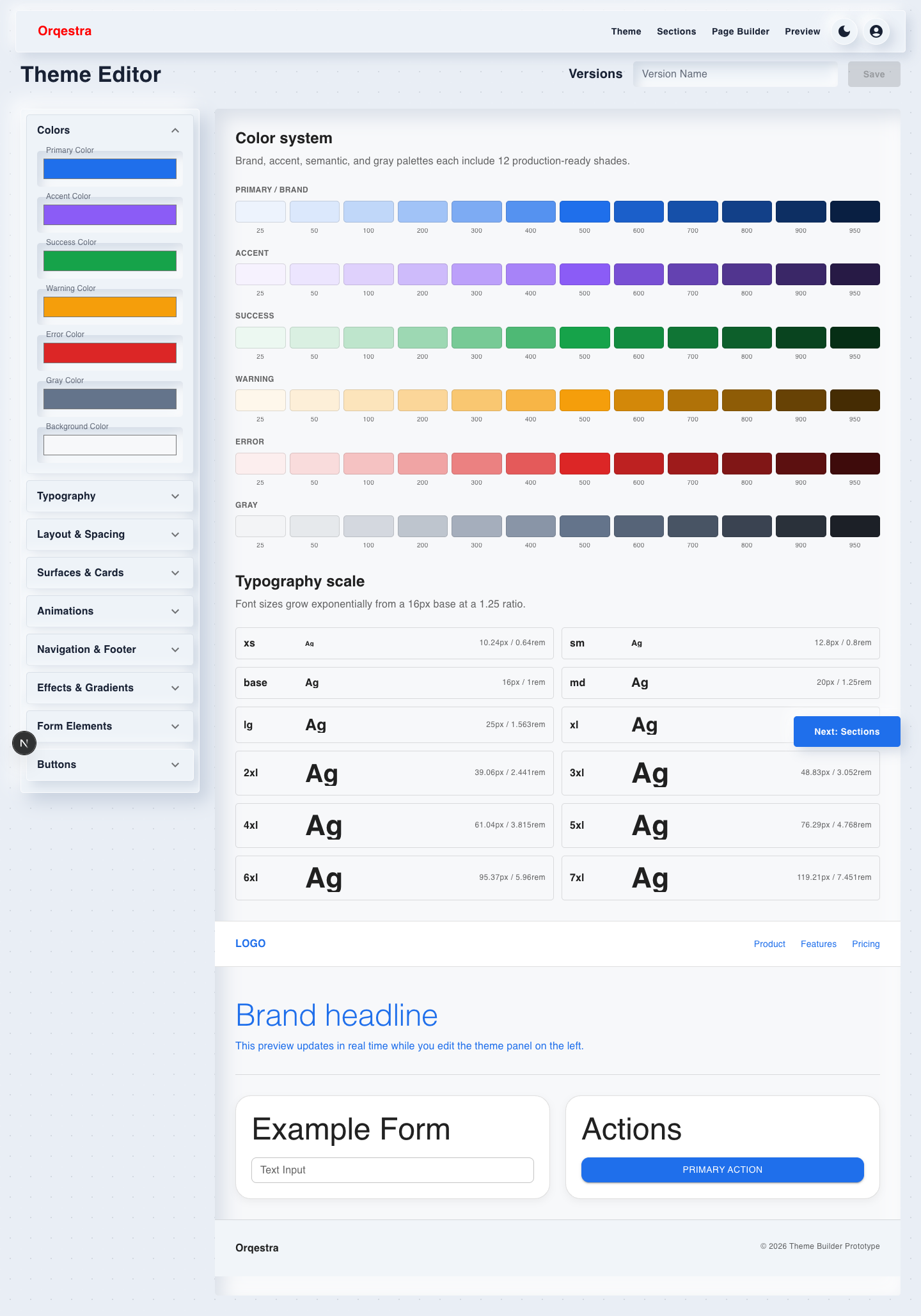 Orqestra Theme Editor in light mode showing color palettes and exponential typography scale