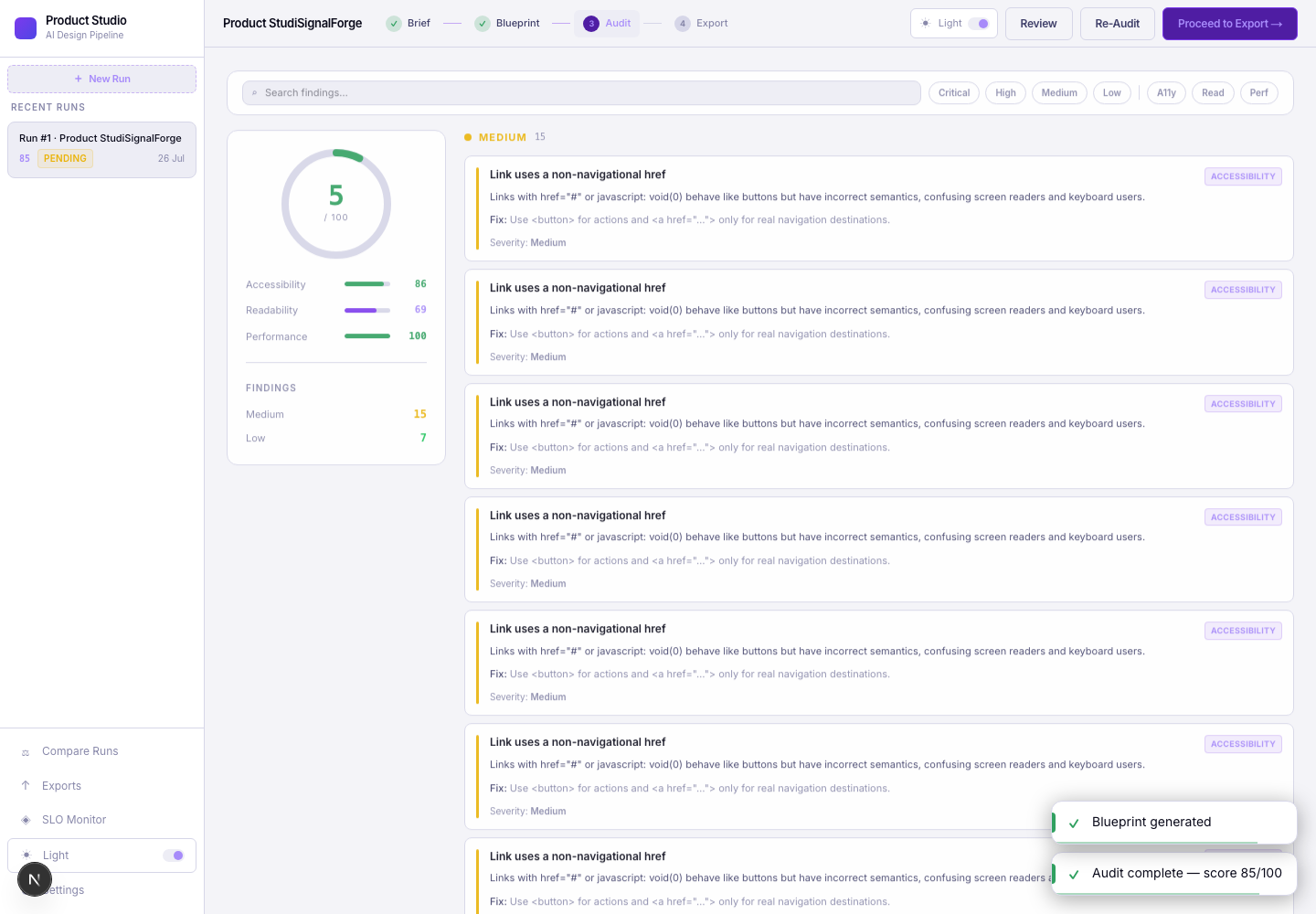 Product Studio audit results page in light mode