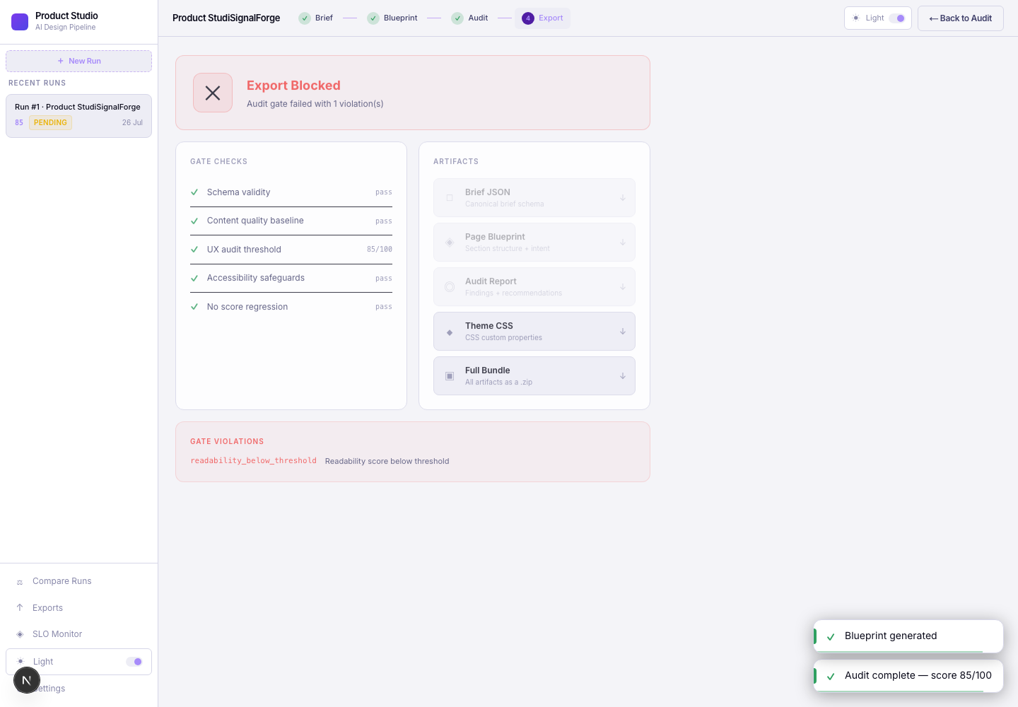 Product Studio final export page in light mode showing gate checks and export artifacts