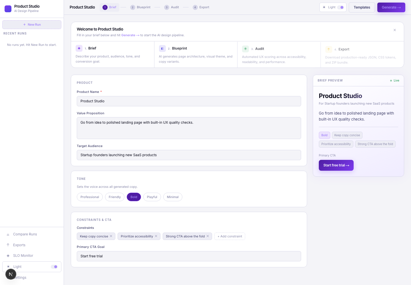 Product Studio workspace after Ollama setup in light mode